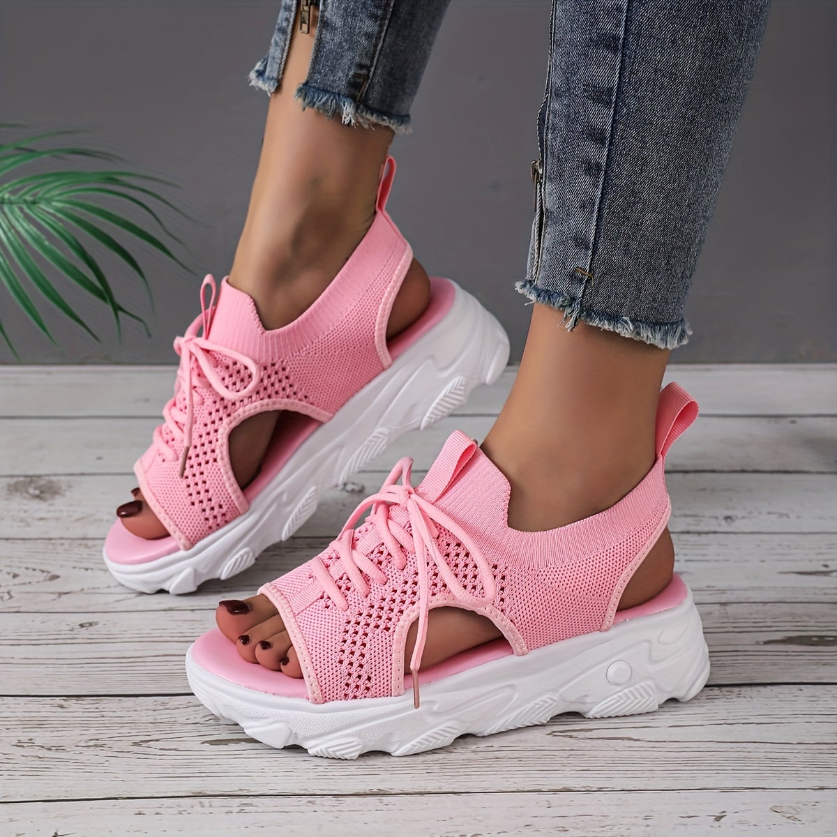 Women s Casual Mesh Platform Sandals Breathable Open Toe Solid Color Lace Up Slingback Shoes Summer Outdoor Shoes Walmart