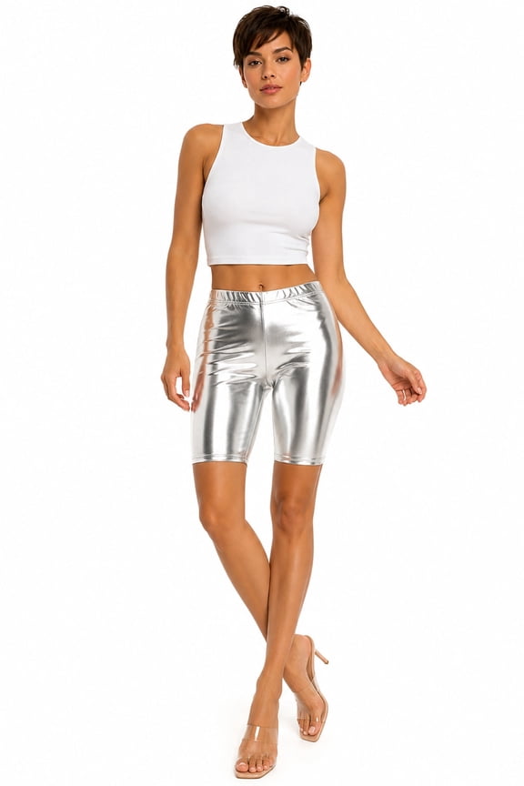 Metallic PU Leather High-Waist Bermuda Shorts, Women's