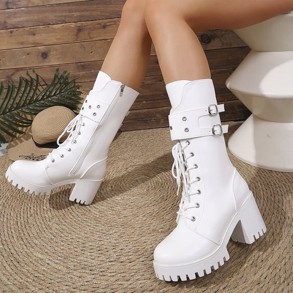 Women's Casual Mid Calf Boots, Punk Double Buckle Rivet Platform Side Zipper Lace Up Design with Breathable Lining, Trendy Boots for Daily Party Gift