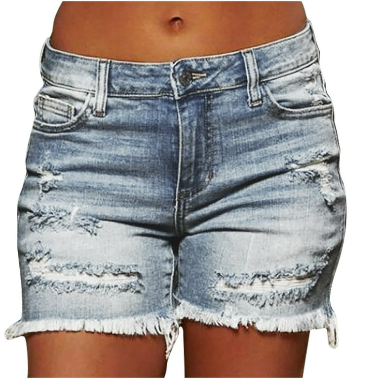 Women's Casual Mid-Rise Denim Shorts Frayed Raw Hem Stretch Ripped Jean  Shorts Distressed Fringe Hot Jeans for Girls 