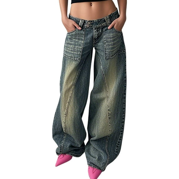Women's Casual Mid Waist Cargo Jeans Stretch Wide Leg Denim Pants With Pockets