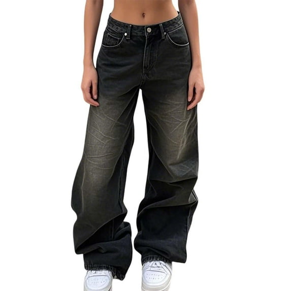 Women's Casual Mid Waist Cargo Jeans Stretch Wide Leg Denim Pants With Pockets
