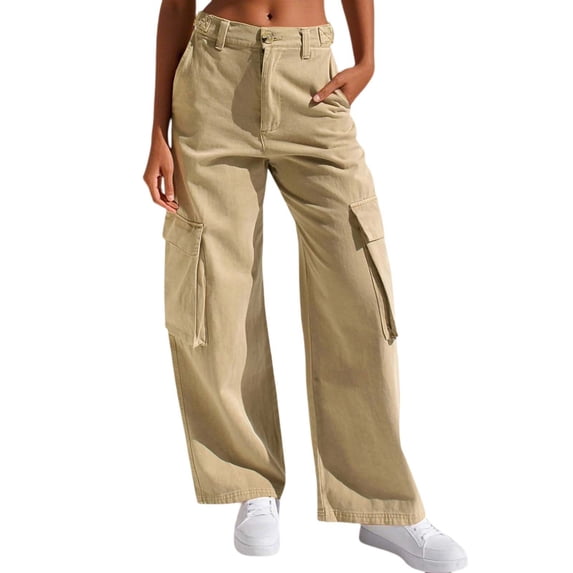 Women's Casual Mid Waist Cargo Jeans - Stretch Wide Leg, Pockets, Polyester, All Seasons/Casual Wear