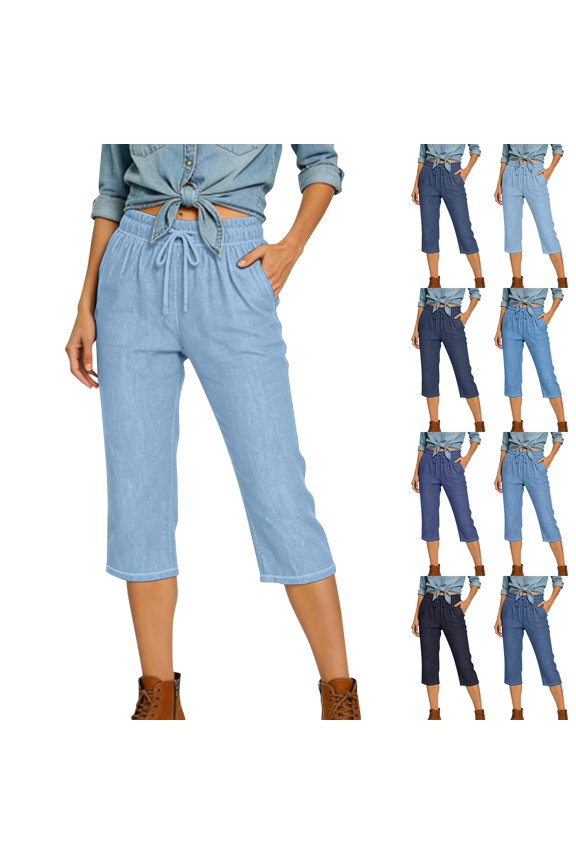 Women's Casual Mid Waist Pocket Brushed Ripped Denim Pants