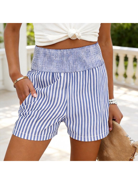 Women's Casual Mid Waist Stretch Pull On Shorts, Soft Stretchy Fabric with Tummy Control, Comfort Fit Striped Summer Bottoms for Everyday Wear, Travel, Errands, Beach, | TruBelle,Blue L