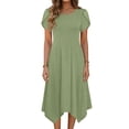 thumbnail image 1 of Women's Casual Midi A-Line Swing Dress Round Neck Petal Short Sleeve Handkerchief Irregular Hem with Pockets Stretchy Loose Fit Daily Work Office, 1 of 6