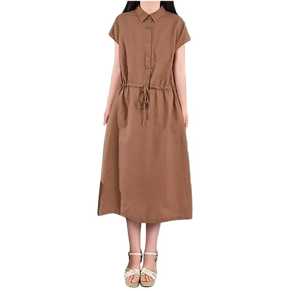 Women's Casual Midi Dress with Pockets, Short Sleeve Loose Fit Belted A Line Cotton Summer Dresses for Women