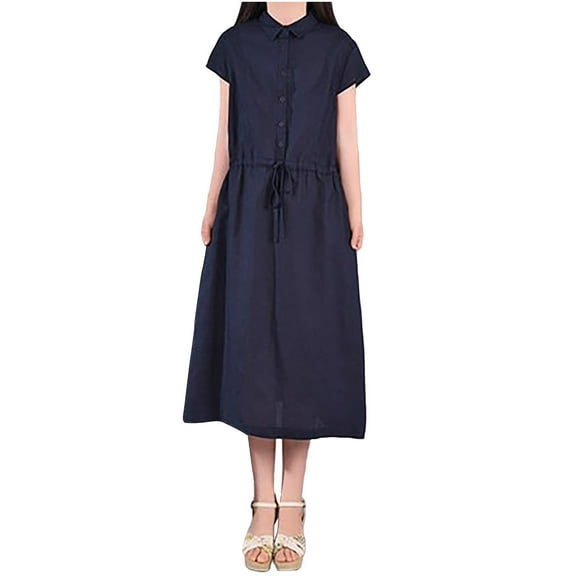 Women's Casual Midi Dress with Pockets, Short Sleeve Loose Fit Belted A Line Cotton Summer Dresses for Women