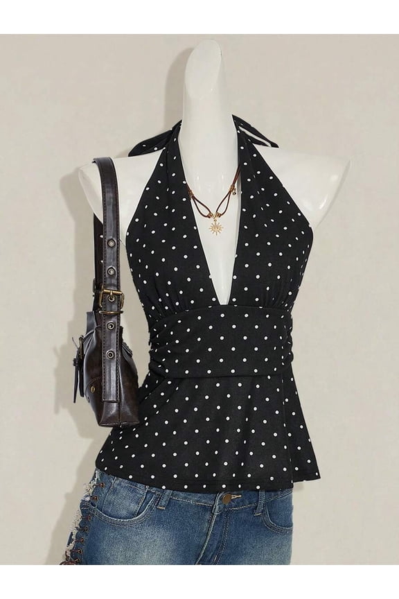 Women's Casual Minimalist Halter Deep V-Neck Polka Dot Wrap Back Top
