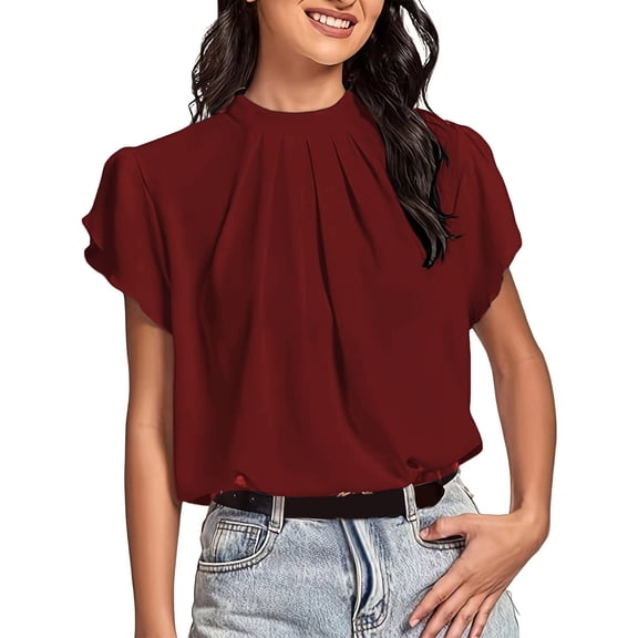 Women’s Casual Mock Neck Basic Pleated Wrap Short Sleeve Curved Keyhole Back Blouse Shirt Top