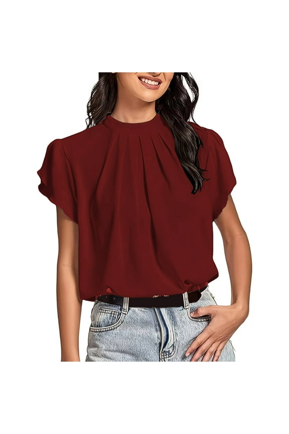 Women’s Casual Mock Neck Basic Pleated Wrap Short Sleeve Curved Keyhole Back Blouse Shirt Top
