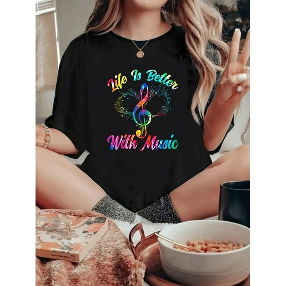 Women's Casual Music Graphic T-Shirt - "Life is Better with Music" Design, Short Sleeve, Cotton Blend, Round Neck, Machine Washable, Black with Colorful Musical Notes