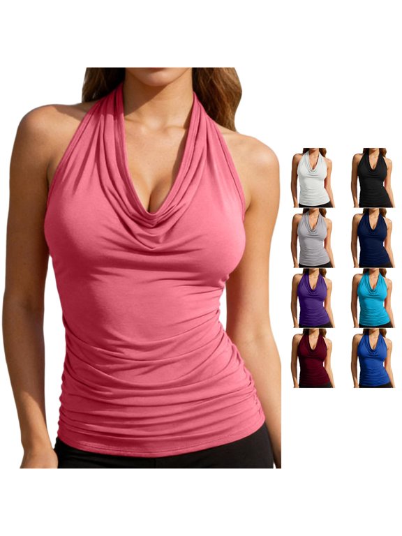 Women's Casual Neck Draped Front Backless Tank Top Undershirt Top L