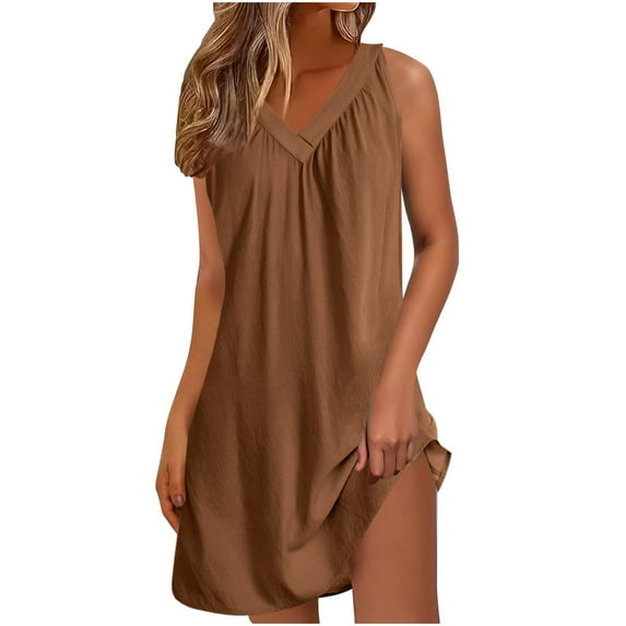 Women's Casual Nightgowns Sleeveless Soft Lightweight Sleep Dress Summer Comfy Pleated V-Neck Night Dresses Coffee