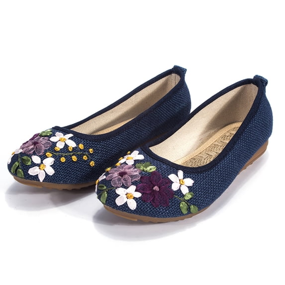 Women's Casual Non-Slip Flat Walking Shoes Flower Embroidery Soft Comfortable Ballets Round Toe Ballet Flat