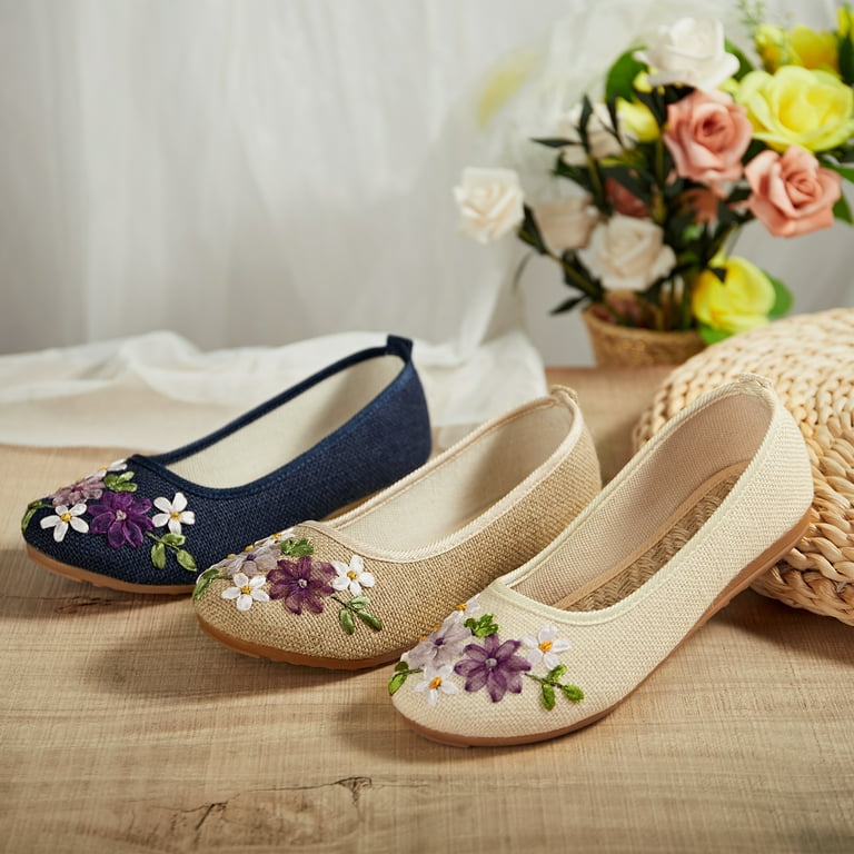 Women s Casual Non Slip Flat Walking Shoes Flower Embroidery Soft