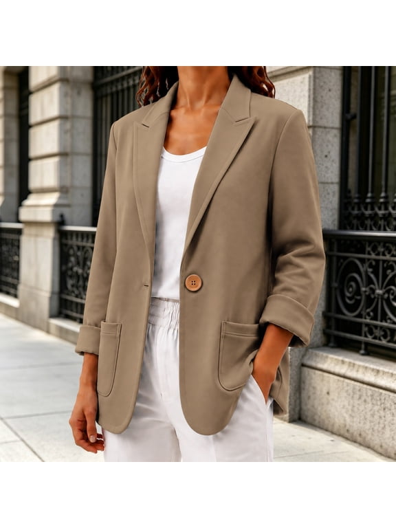 Women's Casual Notch Lapel Suit Jacket,Soft Sweatshirt Knit Open Front Long Sleeve Blazer with Pockets,Relaxed Fit Lightweight Single Button,Work to Weekend Office Outfits Khaki S