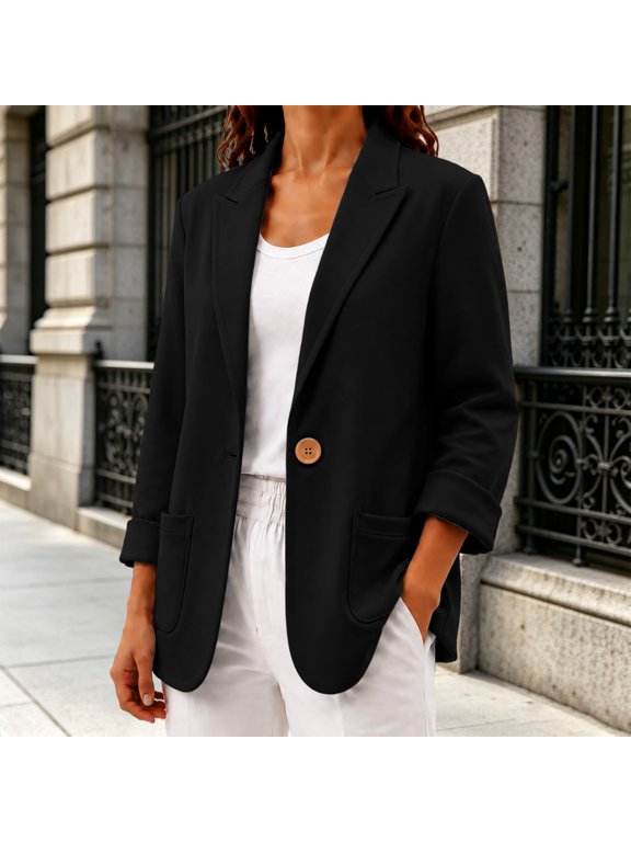 Women's Casual Notch Lapel Suit Jacket,Soft Sweatshirt Knit Open Front Long Sleeve Blazer with Pockets,Relaxed Fit Lightweight Single Button,Work to Weekend Office Outfits Black S