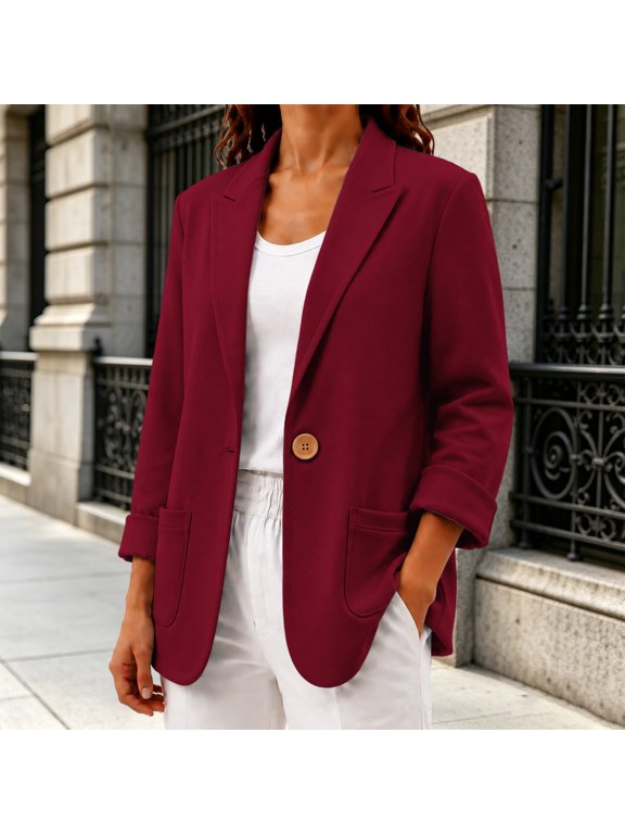 Women's Casual Notch Lapel Suit Jacket,Soft Sweatshirt Knit Open Front Long Sleeve Blazer with Pockets,Relaxed Fit Lightweight Single Button,Work to Weekend Office Outfits Wine S