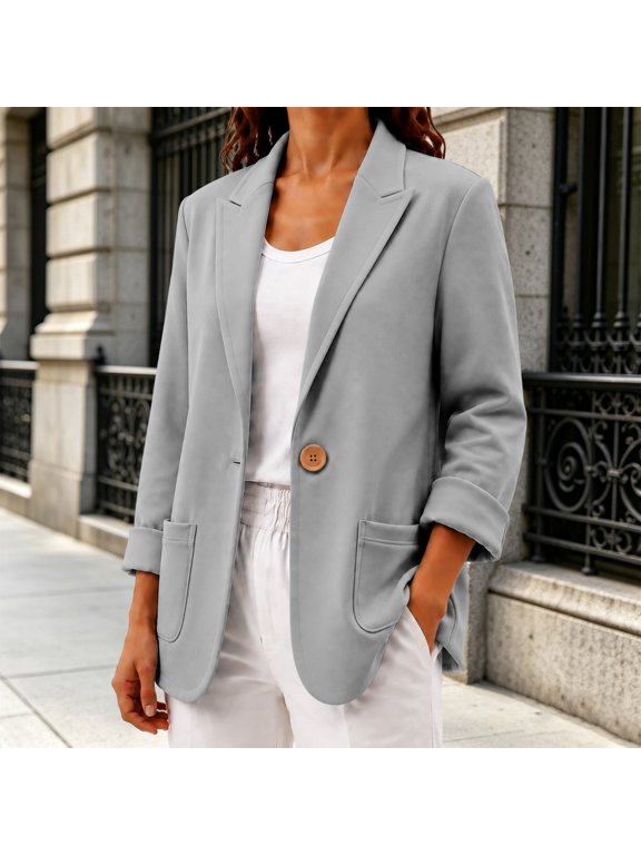Women's Casual Notch Lapel Suit Jacket,Soft Sweatshirt Knit Open Front Long Sleeve Blazer with Pockets,Relaxed Fit Lightweight Single Button,Work to Weekend Office Outfits Grey S