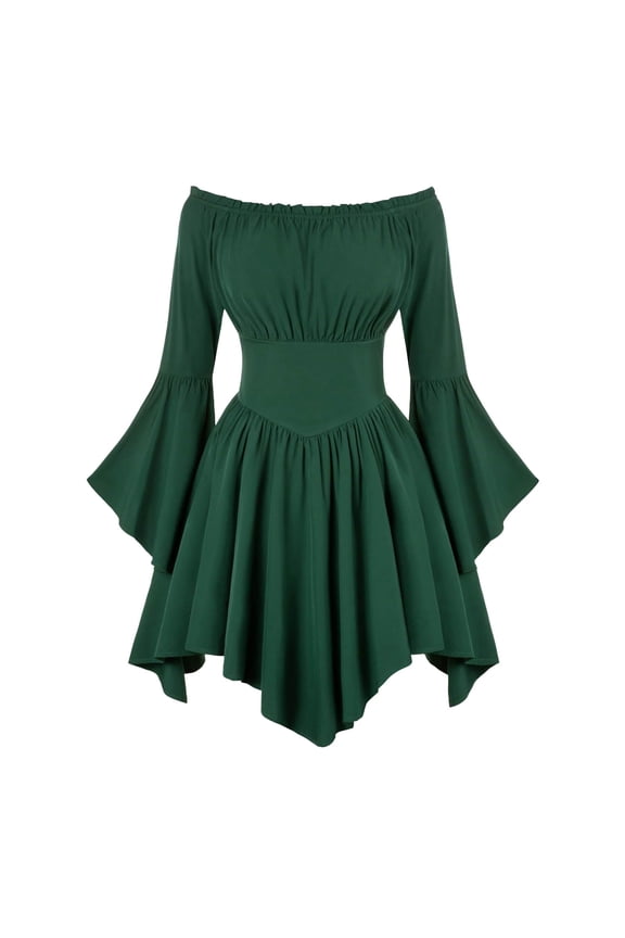 Women's Casual Off Shoulder Dress with Ruffled Hem Flowy Boho Midi Design Floral Print for Summer and Halloween Events
