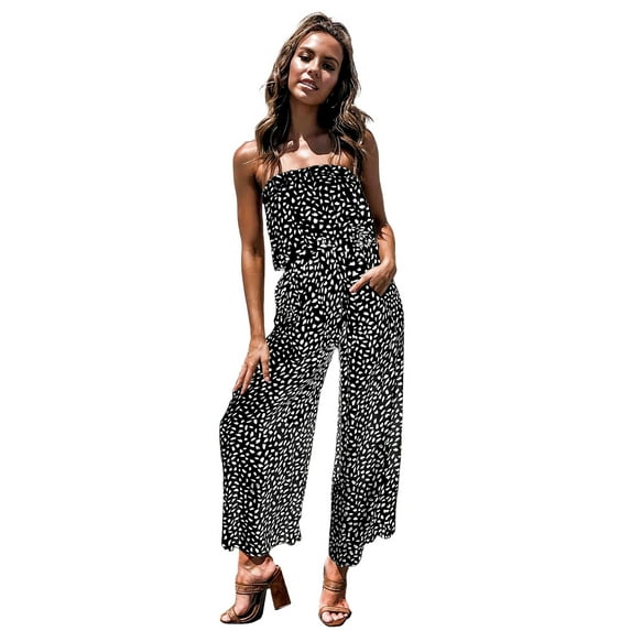 Women's Casual Off Shoulder Jumpsuit Printed Strapless Belted Elastic Waist Wide Leg Romper with Pockets, Black, Medium