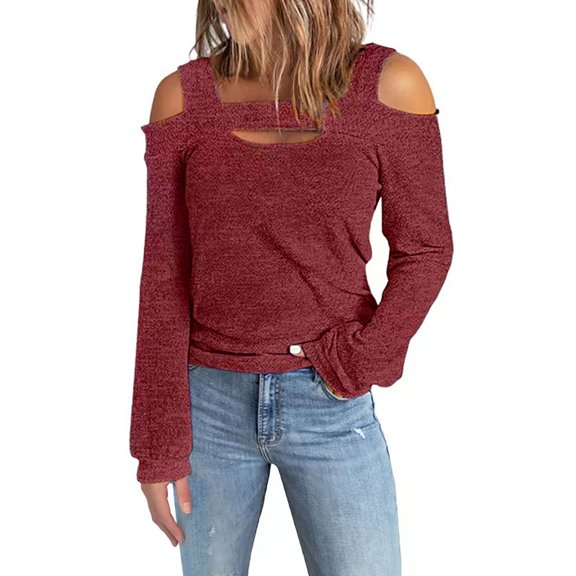 Women's Casual Off Shoulder Long Sleeve T-Shirt Fashionable Solid Color Loose Fit Comfortable Stylish Top for Ladies