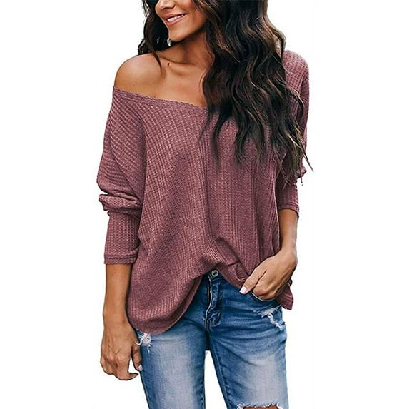 Women's Casual Off Shoulder Tops V Neck Waffle Knit Shirt Batwing Sleeve Tunics