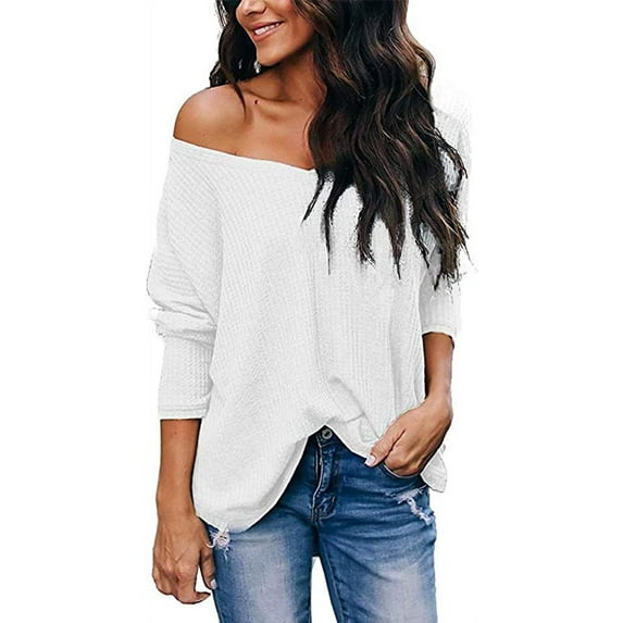 Women's Casual Off Shoulder Tops V Neck Waffle Knit Shirt Batwing Sleeve Tunics