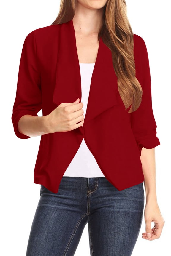 Women's Casual Office Wear Open Draped Front 3/4 Sleeves Basic Solid Blazer Jacket S-3XL
