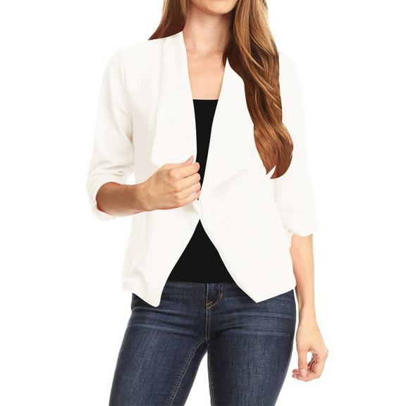 Women's Casual Office Wear Open Draped Front 3/4 Sleeves Basic Solid Blazer Jacket S-3XL