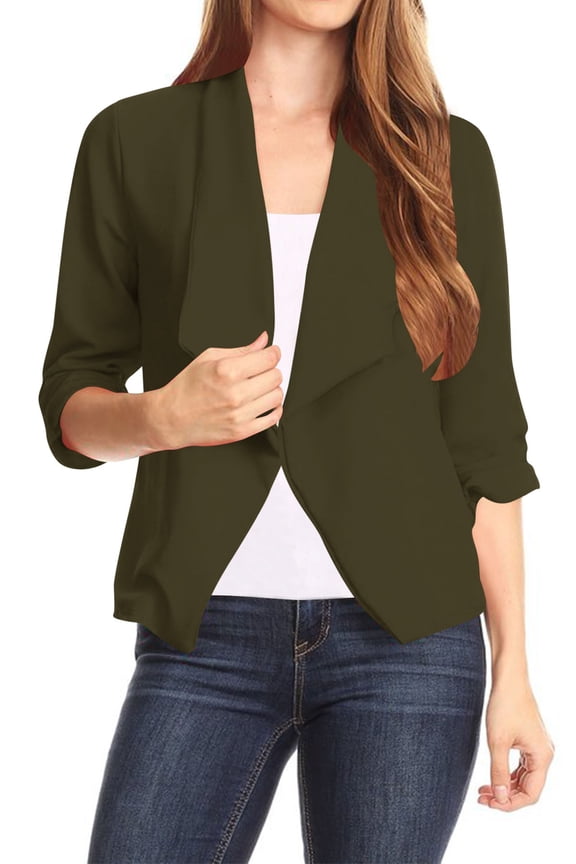 Women's Casual Office Wear Open Draped Front 3/4 Sleeves Basic Solid Blazer Jacket S-3XL