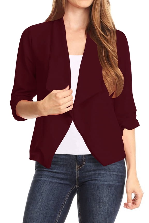 Women's Casual Office Wear Open Draped Front 3/4 Sleeves Basic Solid Blazer Jacket S-3XL