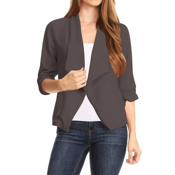 Women's Casual Office Wear Open Draped Front 3/4 Sleeves Basic Solid Blazer Jacket S-3XL