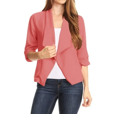Women's Casual Office Wear Open Draped Front 3/4 Sleeves Basic Solid Blazer Jacket S-3XL