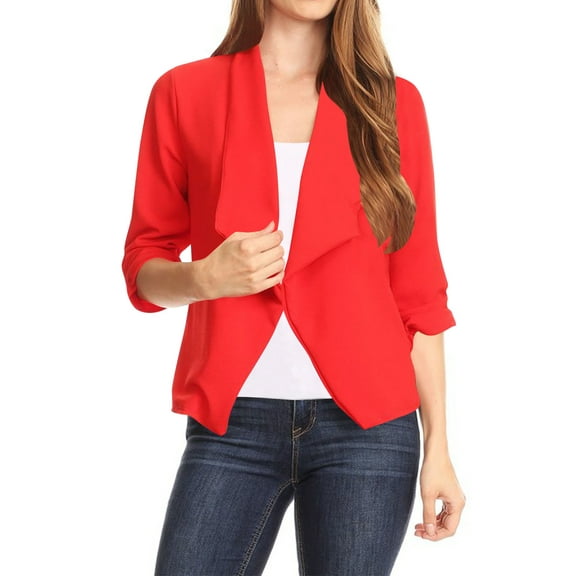 Women's Casual Office Wear Open Draped Front 3/4 Sleeves Basic Solid Blazer Jacket S-3XL