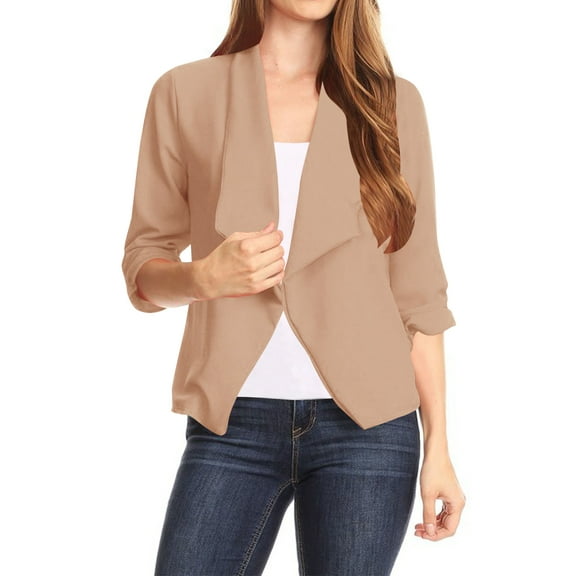 Women's Casual Office Wear Open Draped Front 3/4 Sleeves Basic Solid Blazer Jacket S-3XL