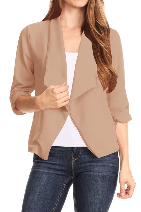 Women's Casual Office Wear Open Draped Front 3/4 Sleeves Basic Solid Blazer Jacket S-3XL
