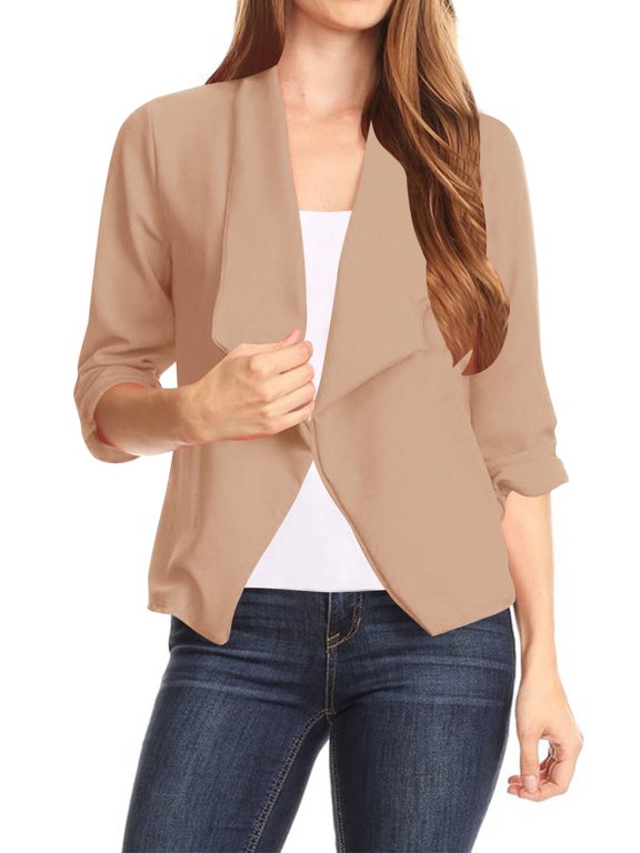 Women's Casual Office Wear Open Draped Front 3/4 Sleeves Basic Solid Blazer Jacket S-3XL