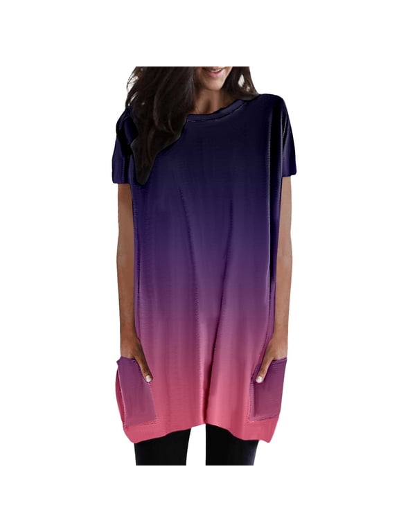 Women's Casual Ombre Gradient Crew Neck Short Sleeve Pull On Tunic Top with Pockets Loose Fit Everyday Wear Basic Longline Tops