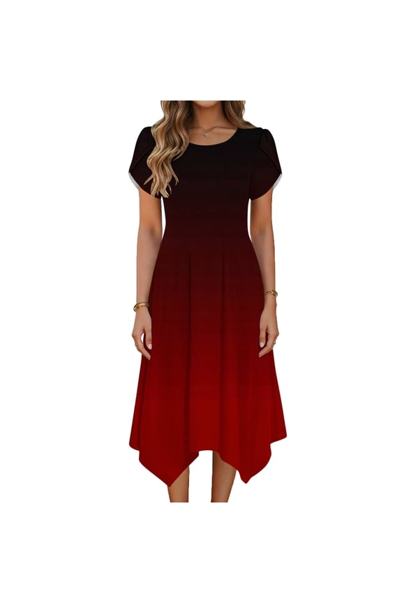 Women's Casual Ombre Midi A-Line Swing Dress Round Neck Petal Short Sleeve Handkerchief Irregular Hem with Pockets Gradient Print Daily Vacation