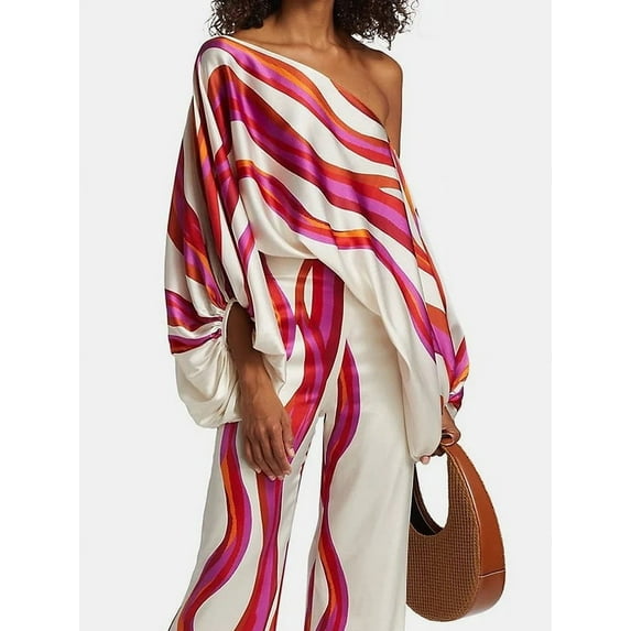 Women's Casual One Shoulder Elastic Waist Jumpsuit Loose Long Sleeve Wide Leg Pants Long Jumpsuit