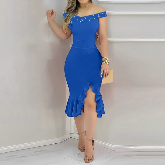 Women's Casual One Shoulder Sleeveless Dress with Ruffle Hem and Pearl Detail for Spring Summer