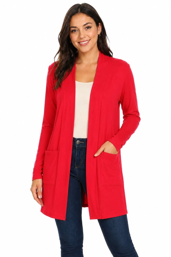 Women's Casual Open Front Long Sleeve Solid Cardigan with Side Pockets