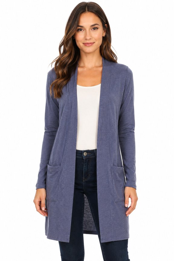 Women's Casual Open Front Long Sleeve Solid Cardigan with Side Pockets