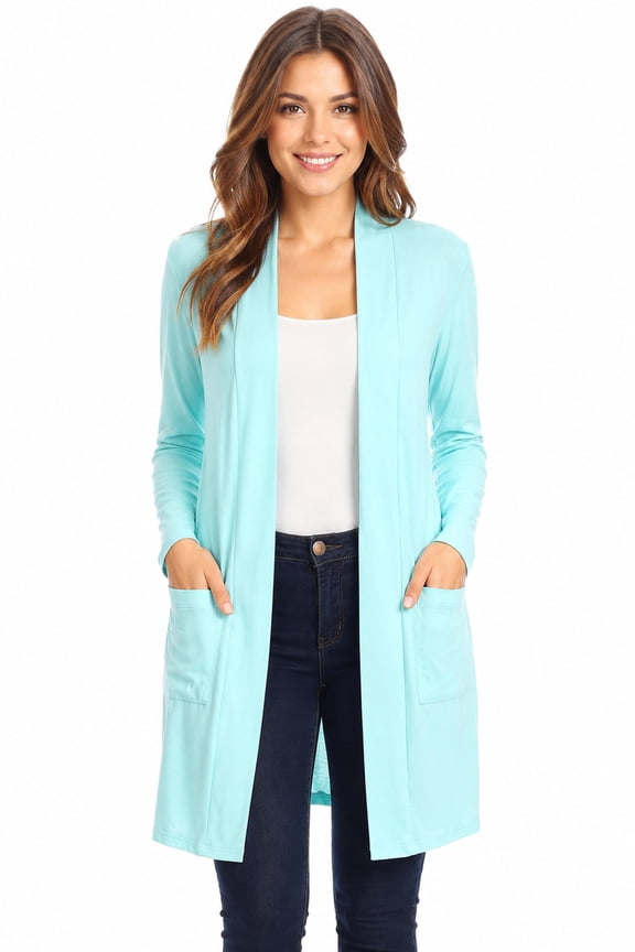 Women's Casual Open Front Long Sleeve Solid Cardigan with Side Pockets