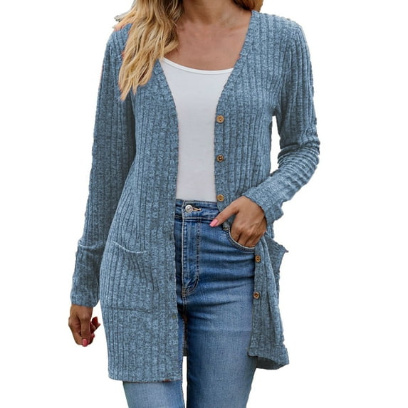 Women's Casual Open Front Button Long Sleeve Knit Pocket Lightweight Cardigan Blue L