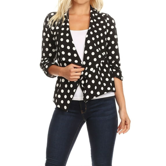 Women's Casual Open Front Polka Dot Roll Up Sleeve Blazer Jacket Made in USA
