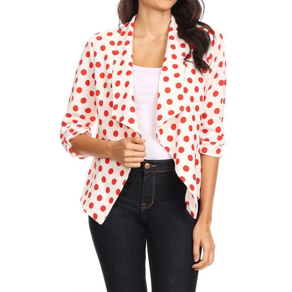 Women's Casual Open Front Polka Dot Roll Up Sleeve Blazer Jacket Made in USA