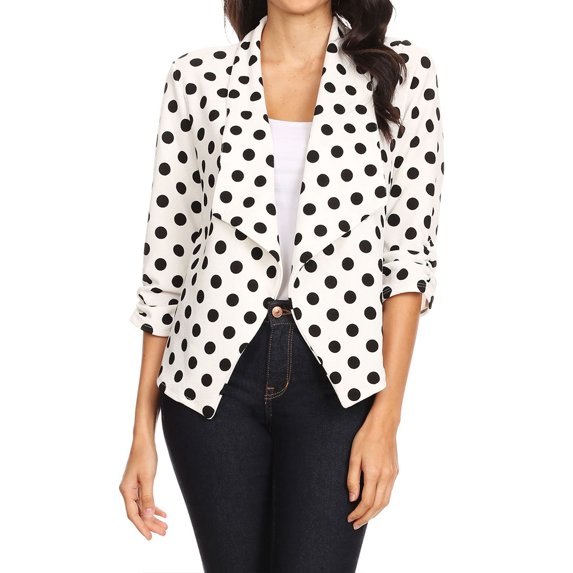 Women's Casual Open Front Polka Dot Roll Up Sleeve Blazer Jacket Made in USA